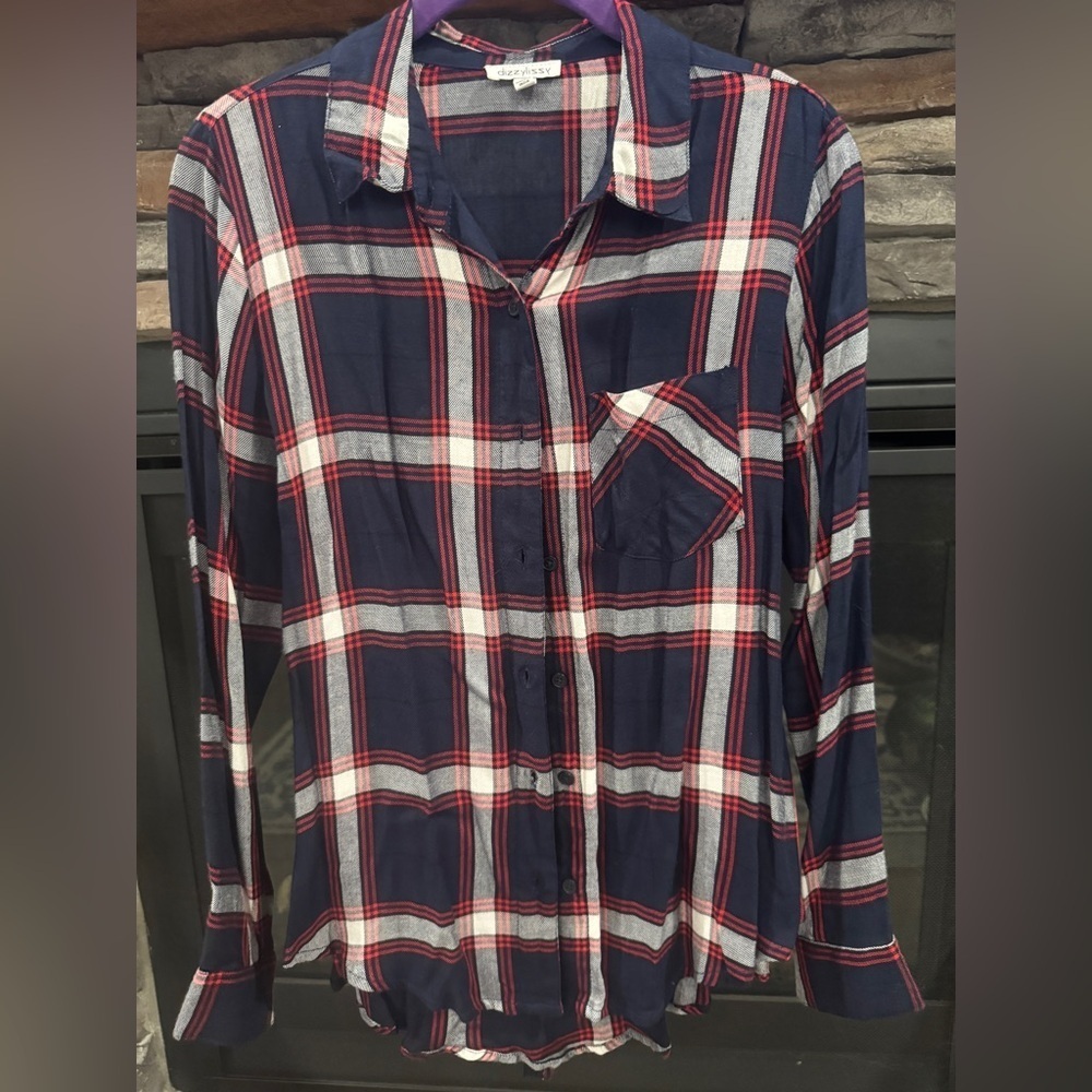Dizzy Lizzy Size Small Navy and Red Plaid Button-Up Shirt
